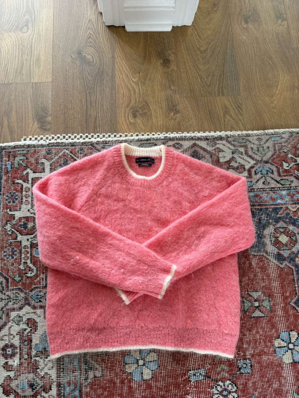 Zara Pink and Cream Mohair Blend Fuzzy Sweater